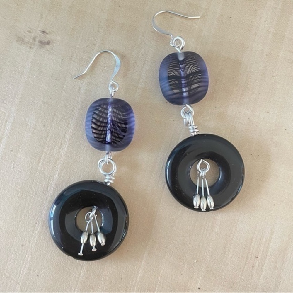 2/$29 Handmade Obsidian Glass Dangle Earrings Black Purple Stripe Silver - Picture 4 of 4